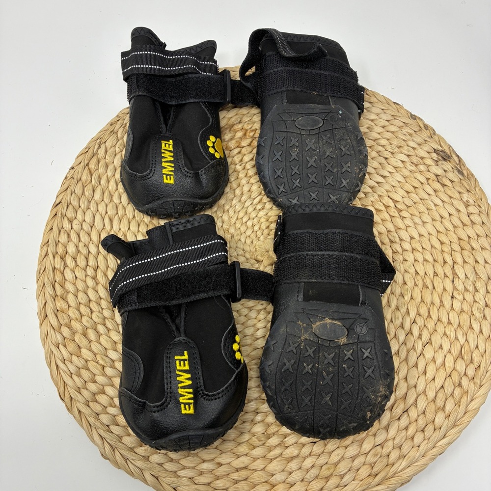 Emwel Dog Boots Size 7 Large Dogs Black Yellow Paw Protection 4 Pack HO337